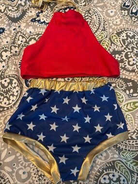 Girls Red and Blue Star Two-Piece Swim Set with Gold Trim